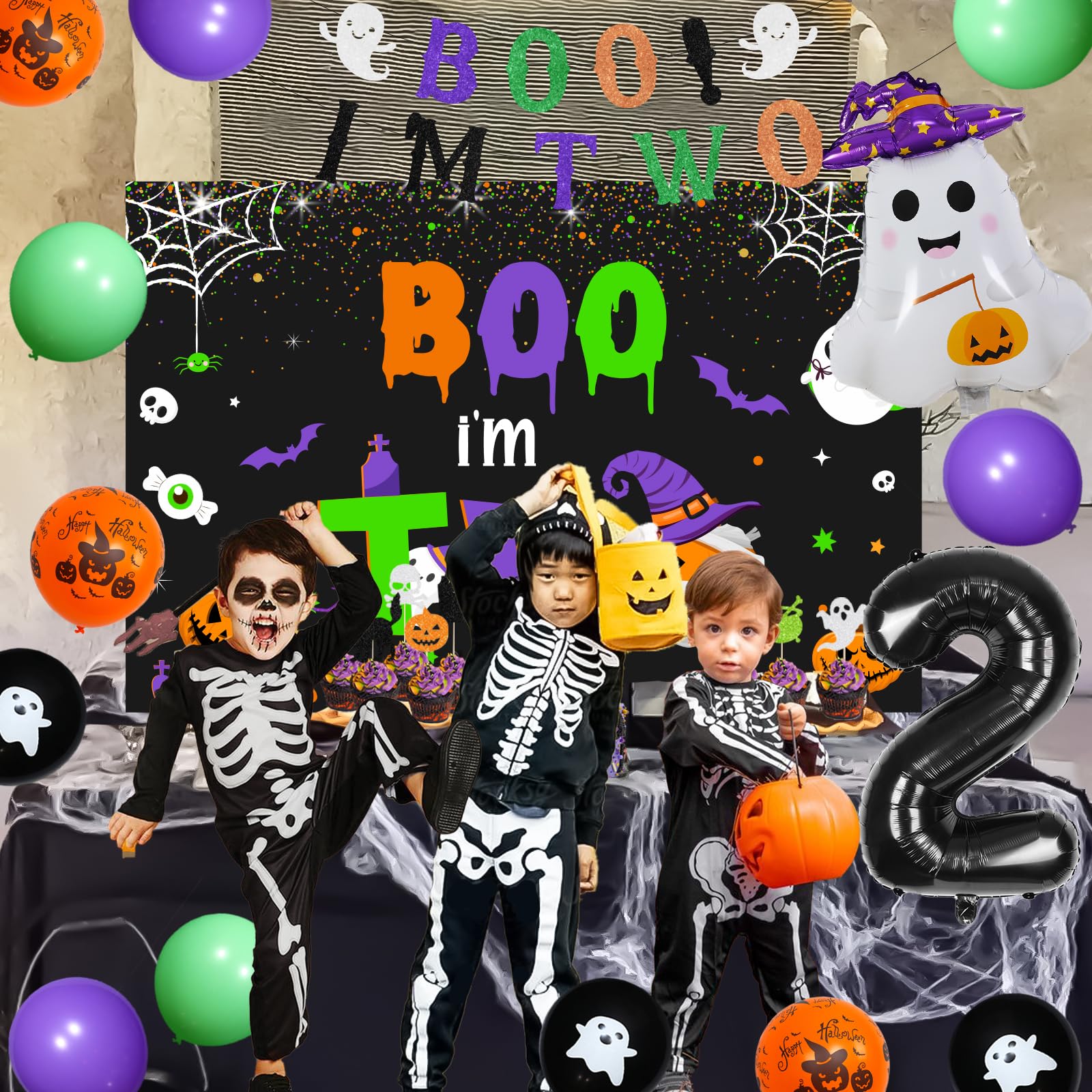 kreat4joy Boo Im Two Decor Birthday Backdrop Banner, Halloween 2nd Birthday Party Decorations, Black Orange Purple Green Halloween Balloons Cake Cupcake Toppers 2 Year Old Boys Girls Birthday Party