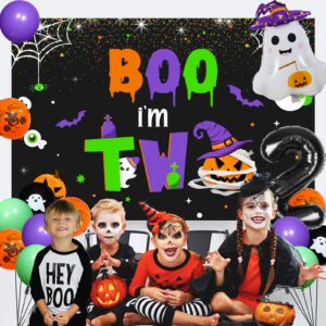 kreat4joy Boo Im Two Decor Birthday Backdrop Banner, Halloween 2nd Birthday Party Decorations, Black Orange Purple Green Halloween Balloons Cake Cupcake Toppers 2 Year Old Boys Girls Birthday Party