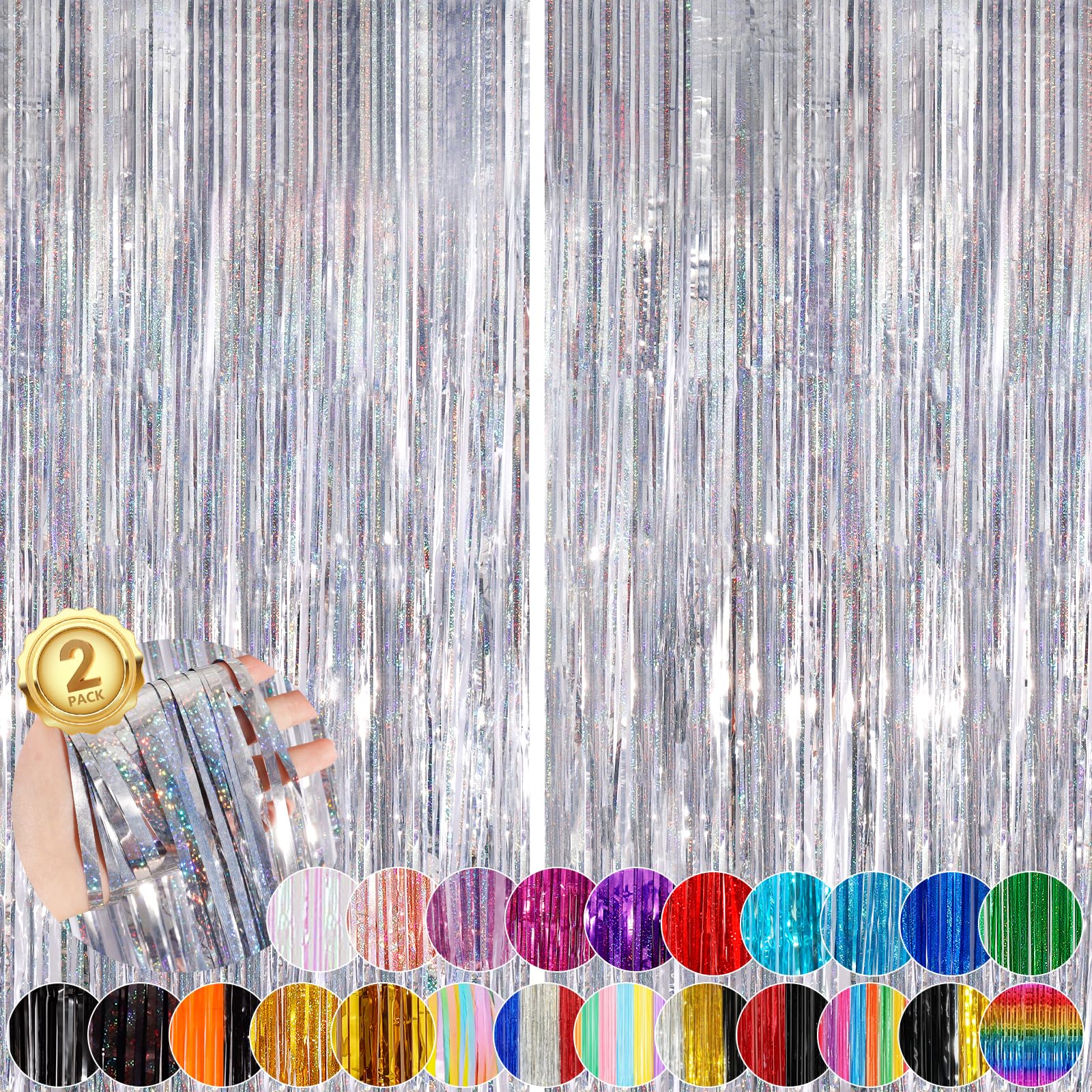 Silver Party Streamers 2Pack Metallic Tinsel Foil Fringe Curtains 3.3X 8.3ft Party Decors for Photo Booth Photoshoot Bridal Shower Engagement Disco Bachelorette Party Decors Streamers for Christmas