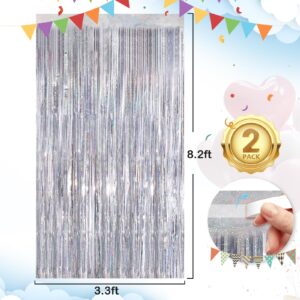 Silver Party Streamers 2Pack Metallic Tinsel Foil Fringe Curtains 3.3X 8.3ft Party Decors for Photo Booth Photoshoot Bridal Shower Engagement Disco Bachelorette Party Decors Streamers for Christmas