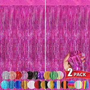 hot pink metallic tinsel foil fringe curtains, 2 pack 3.3x8.3 feet streamer backdrop curtains for birthday party decorations, halloween decor, foil curtain backdrop for bachelorette party