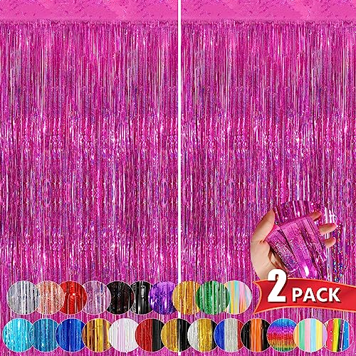 Hot Pink Metallic Tinsel Foil Fringe Curtains, 2 Pack 3.3x8.3 Feet Streamer Backdrop Curtains for Birthday Party Decorations, Halloween Decor, Foil Curtain Backdrop for Bachelorette Party