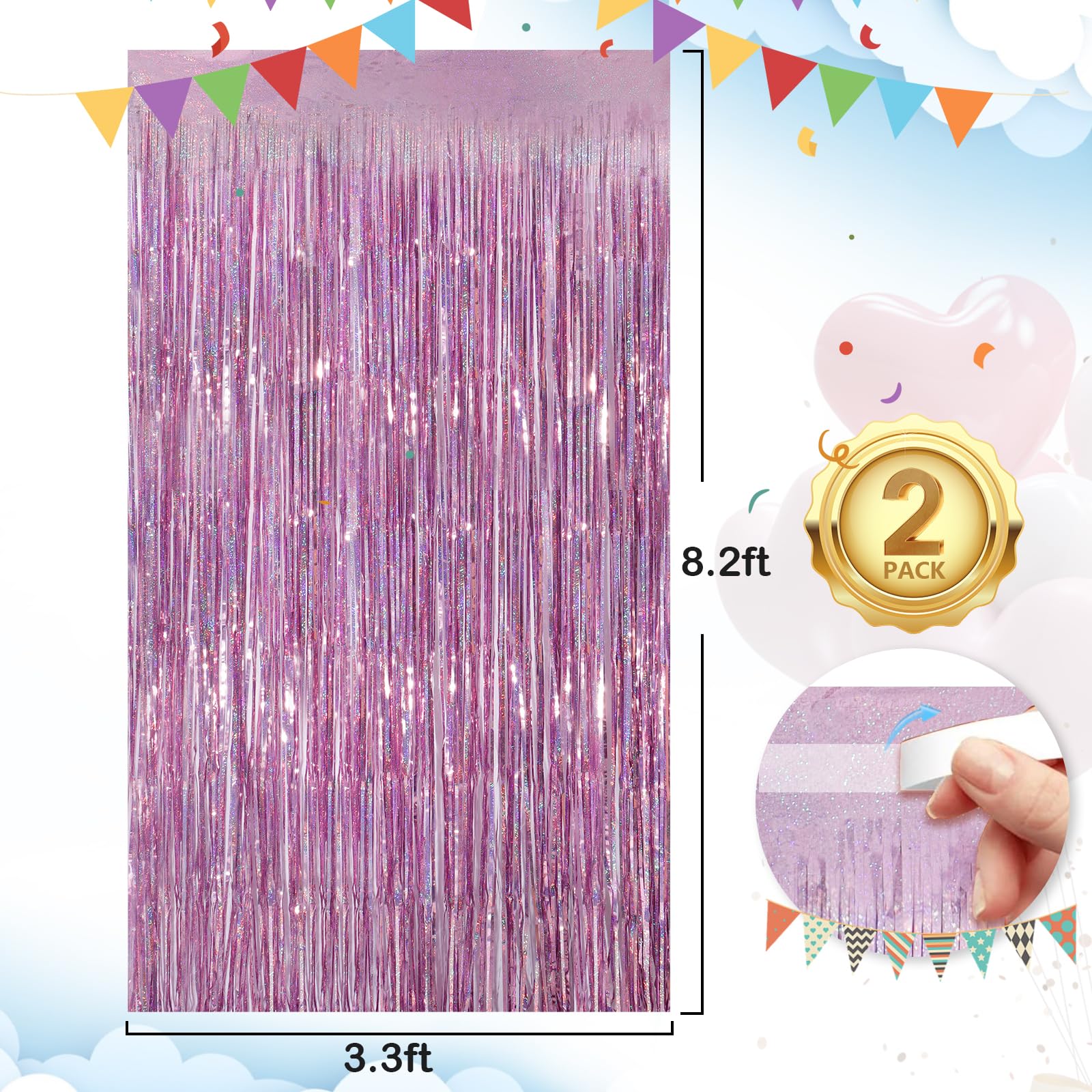 Glitter Pink Party Streamers 2Pack Glitter Foil Fringe Curtain 3.3 x 8.3ft Pink Party Decor Photo Booth Streamers Metallic Tinsel Door Streamer for XmasThanksgiving Engagement Party Decors Streamers