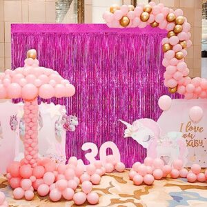 Hot Pink Metallic Tinsel Foil Fringe Curtains, 2 Pack 3.3x8.3 Feet Streamer Backdrop Curtains for Birthday Party Decorations, Halloween Decor, Foil Curtain Backdrop for Bachelorette Party