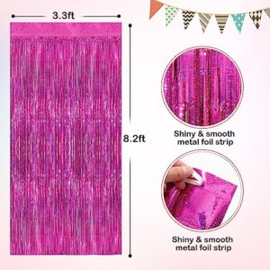 Hot Pink Metallic Tinsel Foil Fringe Curtains, 2 Pack 3.3x8.3 Feet Streamer Backdrop Curtains for Birthday Party Decorations, Halloween Decor, Foil Curtain Backdrop for Bachelorette Party