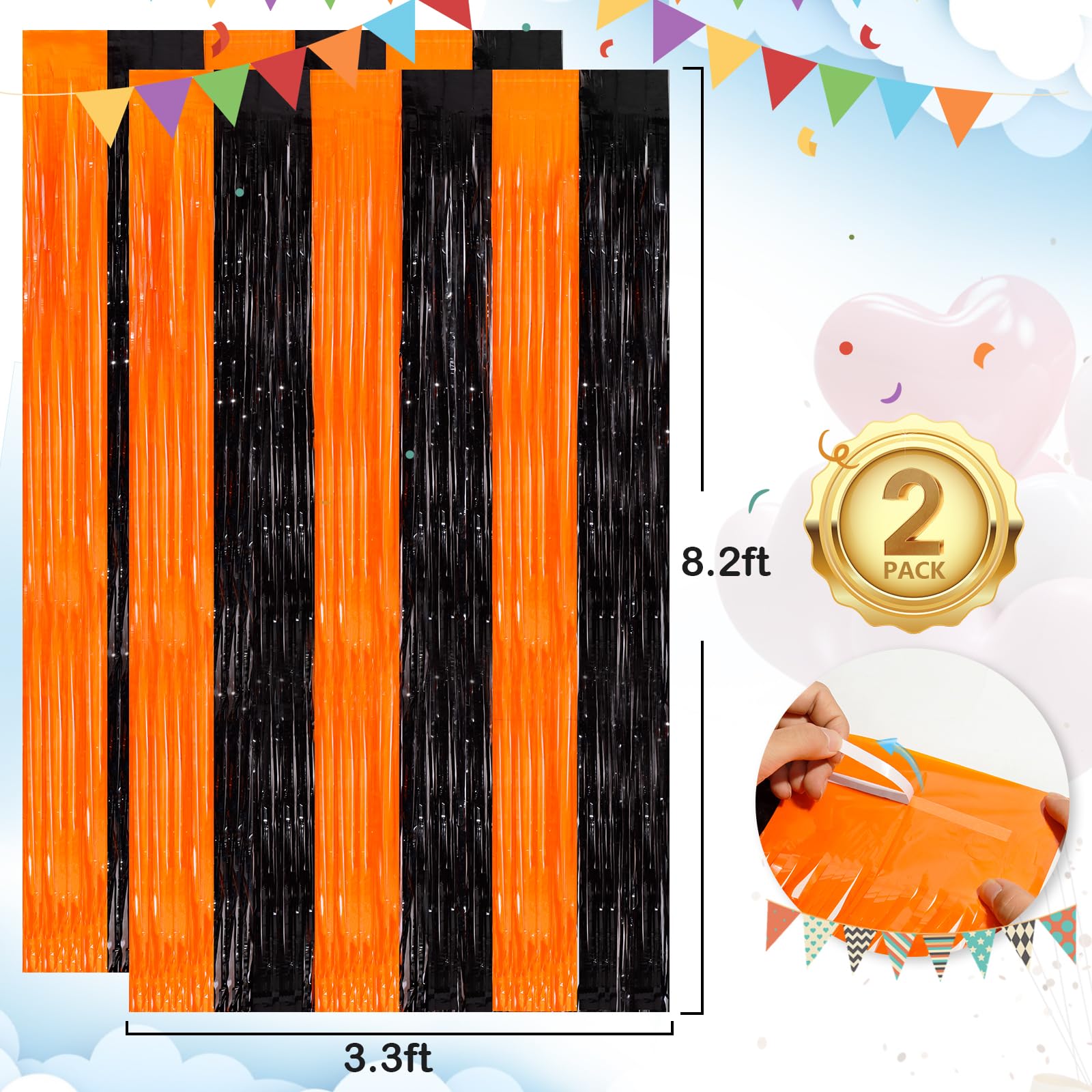 Black Orange Streamers Foil Fringe Curtain 3.3 x 8.3ft Party Streamers 2Pack Metallic Streamer Curtains Mermaid Birthday Themed Party Decorations Tinsel Curtain for Parties Streamers Halloween Decor