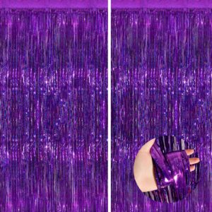 purple metallic tinsel foil fringe curtains, 2 pack 3.3x8.3 feet streamer backdrop curtains for birthday party decorations, halloween decor, foil curtain backdrop for bachelorette party