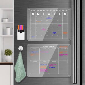 magnetic acrylic calendar for fridge, 2pcs transparent dry erase board monthly & weekly calendar for refrigerator reusable plan board, including 6 dry erase markers 3 colors/pen holder/towel/hook