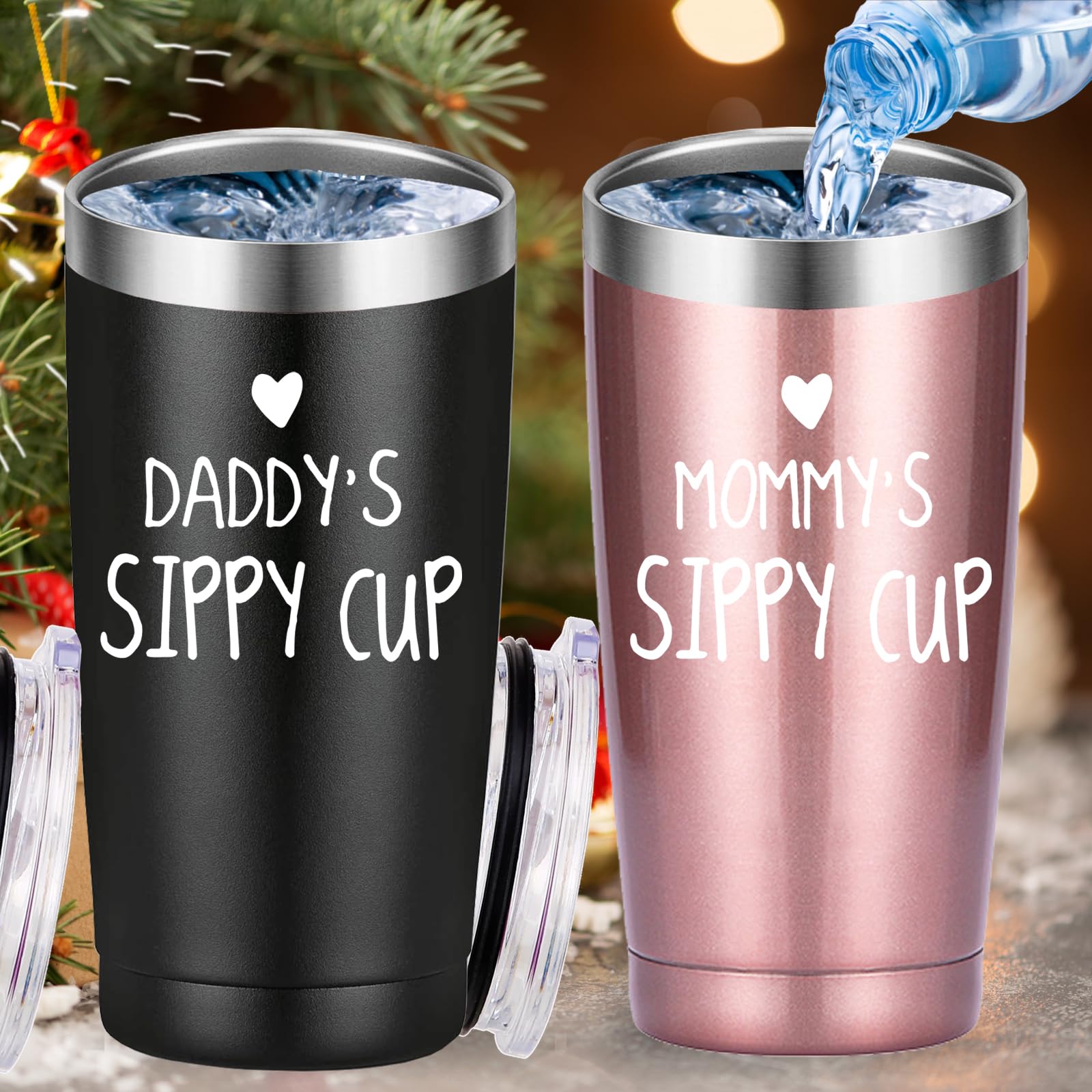 Daddy's and Mommy's Sippy Cup Travel Mug Tumbler.Couple Gifts.Fathers Mothers Day Anniversary Birthday Christmas Gifts for Mom Dad.Dad Mom Parents Gifts from Daughter Son.(20oz Black&Rose Gold)