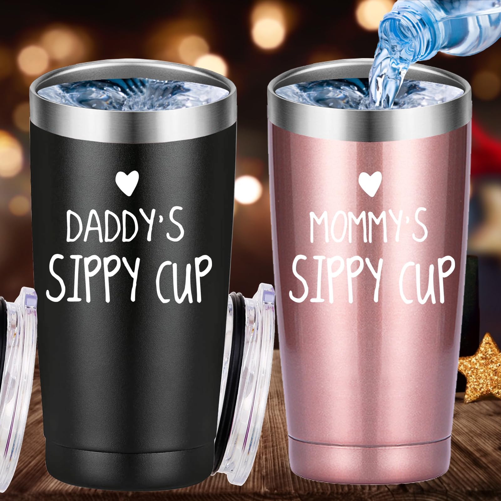 Daddy's and Mommy's Sippy Cup Travel Mug Tumbler.Couple Gifts.Fathers Mothers Day Anniversary Birthday Christmas Gifts for Mom Dad.Dad Mom Parents Gifts from Daughter Son.(20oz Black&Rose Gold)