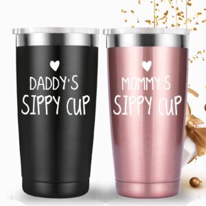 Daddy's and Mommy's Sippy Cup Travel Mug Tumbler.Couple Gifts.Fathers Mothers Day Anniversary Birthday Christmas Gifts for Mom Dad.Dad Mom Parents Gifts from Daughter Son.(20oz Black&Rose Gold)