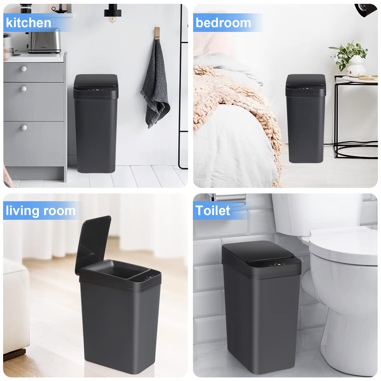 Anborry Bathroom Automatic Trash Can 2 Pack 2.2 Gal & 4 Gal Touchless Motion Sensor Small Garbage Can with Lid Smart Electric Narrow Waterproof Garbage Bin for Bedroom Office Kitchen (Black)