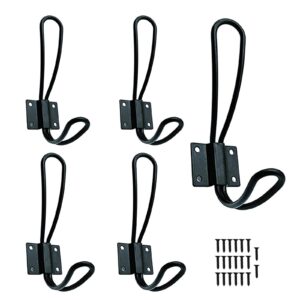 5 pack rustic entryway hooks - black wall mounted coat rack with metal screws, vintage double coat hooks, durable and easy to install farmhouse hooks for hanging clothes, coats, hats