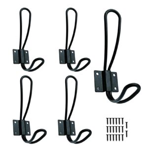 5 Pack Rustic Entryway Hooks - Black Wall Mounted Coat Rack with Metal Screws, Vintage Double Coat Hooks, Durable and Easy to Install Farmhouse Hooks for Hanging Clothes, Coats, Hats