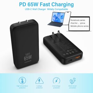 65W GaN USB C Charger,2 Port Flat USB Wall Charger,flodable Plug for Travel, with PD3.0&PPS for MacBook,Laptops,Tablets,for iPhone,iPad Pro,S22,XPS