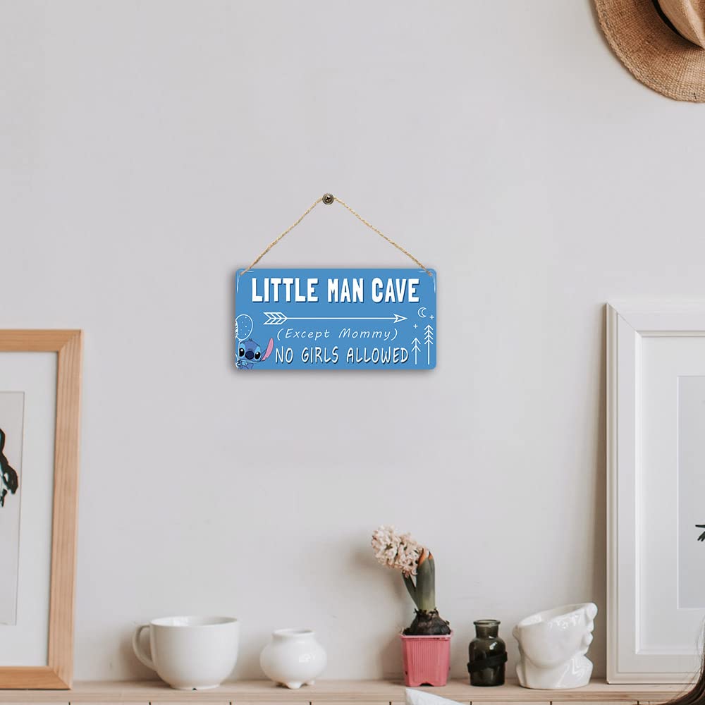 Baby Boy Nursery Room Decor For Boys Kids Bedroom Door Signs Blue Toddler Room Stitch Wall Decor Cute Little Man Cave Wooden Sign No Girls Allowed Signs 12 X 6 Inch