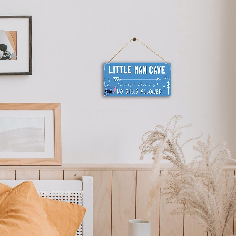 Baby Boy Nursery Room Decor For Boys Kids Bedroom Door Signs Blue Toddler Room Stitch Wall Decor Cute Little Man Cave Wooden Sign No Girls Allowed Signs 12 X 6 Inch