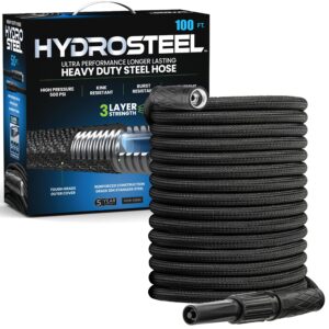 hydrosteel 3-layer 100 ft garden hose with nozzle, metal water hose 100ft, heavy duty stainless steel flexible garden hose 100 ft, lightweight, easy to coil, kink resistant, 500 psi as seen on tv