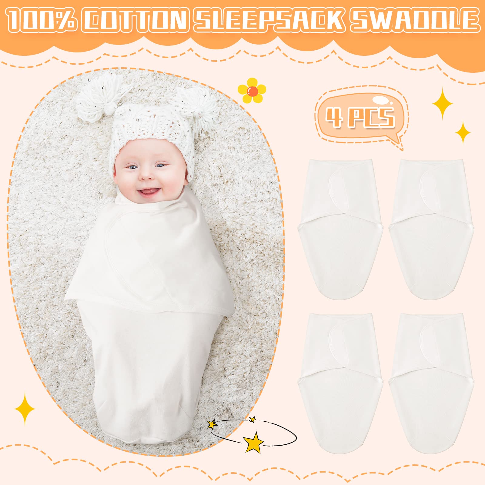 Newwiee 4 Pcs Preemie Baby Swaddle Preemie Swaddle Wrap Adjustable Swaddle Blanket Preemie Size Newborn Cotton Swaddle Blanket for Preemie Boys Girls Sleep