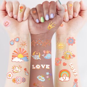 110pcs temporary tattoo, sun rainbow flower smiley stars heart character fake tattoos for girls women adults, temporary tattoos for birthday supplies decorations favors