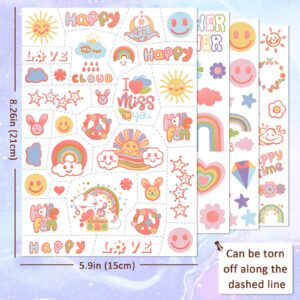 110PCS Temporary Tattoo, Sun Rainbow Flower Smiley Stars Heart Character Fake Tattoos for Girls Women Adults, Temporary Tattoos for Birthday Supplies Decorations Favors