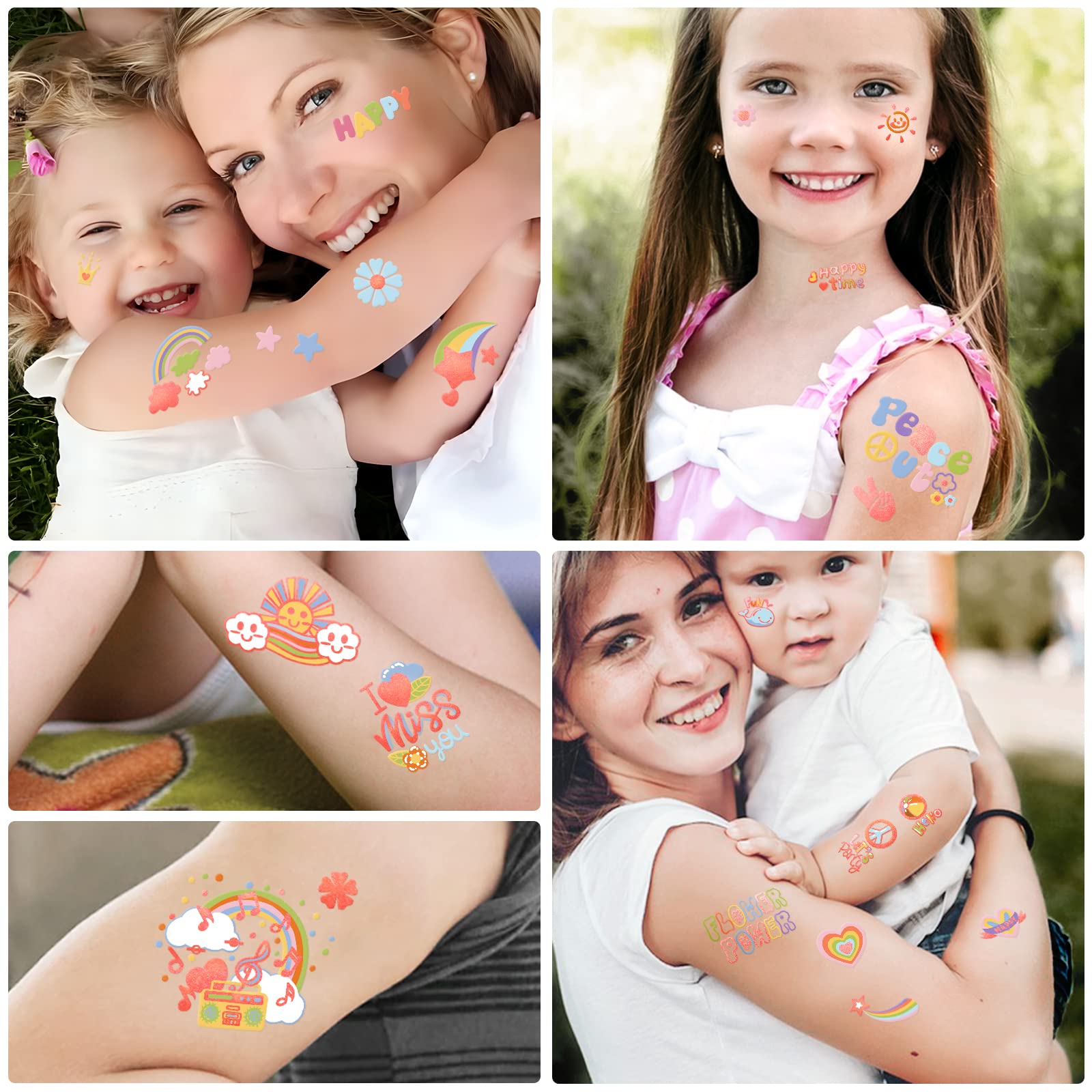 110PCS Temporary Tattoo, Sun Rainbow Flower Smiley Stars Heart Character Fake Tattoos for Girls Women Adults, Temporary Tattoos for Birthday Supplies Decorations Favors