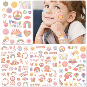 110PCS Temporary Tattoo, Sun Rainbow Flower Smiley Stars Heart Character Fake Tattoos for Girls Women Adults, Temporary Tattoos for Birthday Supplies Decorations Favors