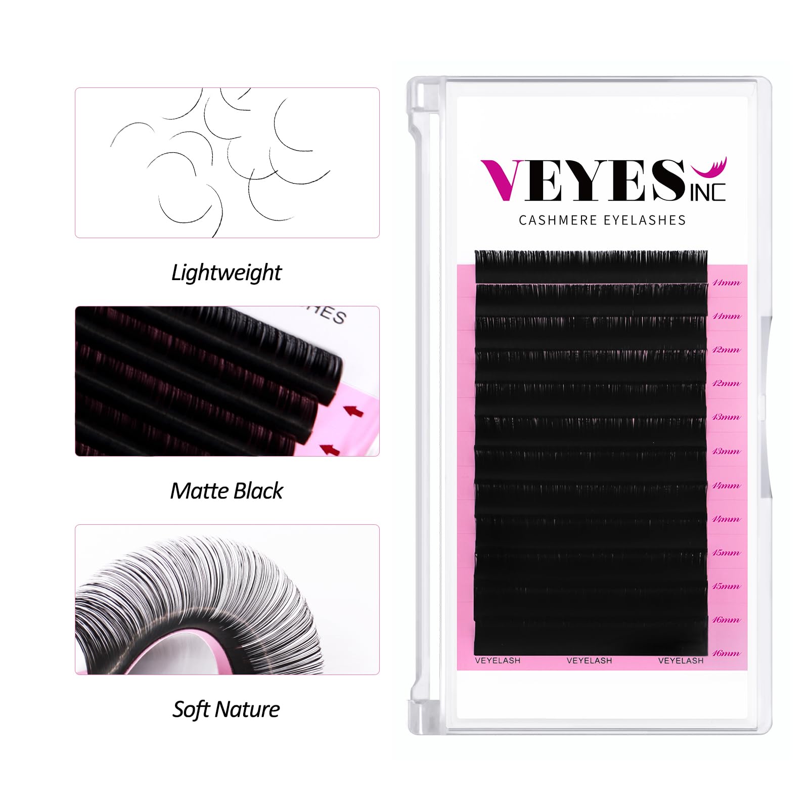 VEYES INC Cashmere Volume Lash Extensions C CC D DD LD L B J M Curl 0.03-0.20 thickness, Super Matte Black Individual Eyelashes Tray, Professional Supplies for Lash Techs (0.05 CC 14mm)