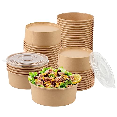 Belinlen 36oz 50 Sets Large Kraft Paper Bowls with Lids, Disposable Bowls with Lids, Paper Salad Bowls, Paper Food Container with Lid Perfect for Hot/Cold Food, Soup, Salad, Ice Cream