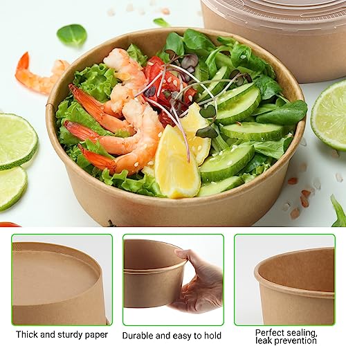 Belinlen 36oz 50 Sets Large Kraft Paper Bowls with Lids, Disposable Bowls with Lids, Paper Salad Bowls, Paper Food Container with Lid Perfect for Hot/Cold Food, Soup, Salad, Ice Cream