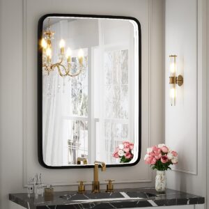 ftoti 20x28 inch led bathroom mirror with lights,wall mounted lighted mirrors with non-rusting black metal frame anti-fog memory funtion stepless dimmable,6000k(horizontal&vertical)