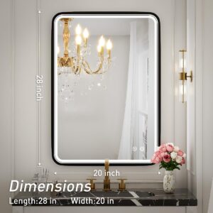 FTOTI 20X28 Inch LED Bathroom Mirror with Lights,Wall Mounted Lighted Mirrors with Non-Rusting Black Metal Frame Anti-Fog Memory Funtion Stepless Dimmable,6000K(Horizontal&Vertical)