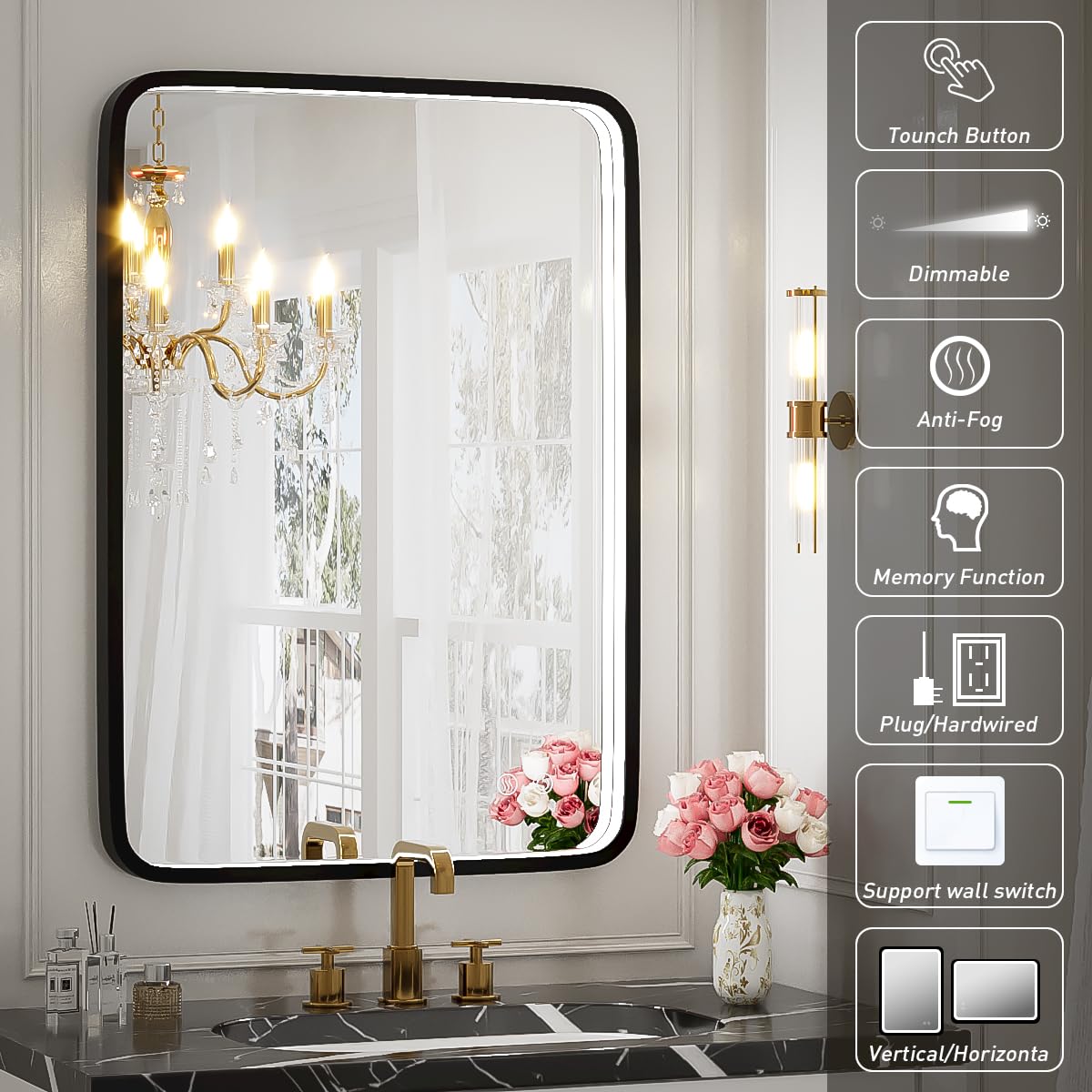 FTOTI 20X28 Inch LED Bathroom Mirror with Lights,Wall Mounted Lighted Mirrors with Non-Rusting Black Metal Frame Anti-Fog Memory Funtion Stepless Dimmable,6000K(Horizontal&Vertical)