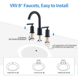 VXV Bathroom Faucets Matte Black, 2 Handle Widespread Bathroom Sink Faucet, Bathroom Faucet for Sink 3 Hole, 8 Inch Bathroom Faucet Black with Pop Up Drain and Faucet Water Lines