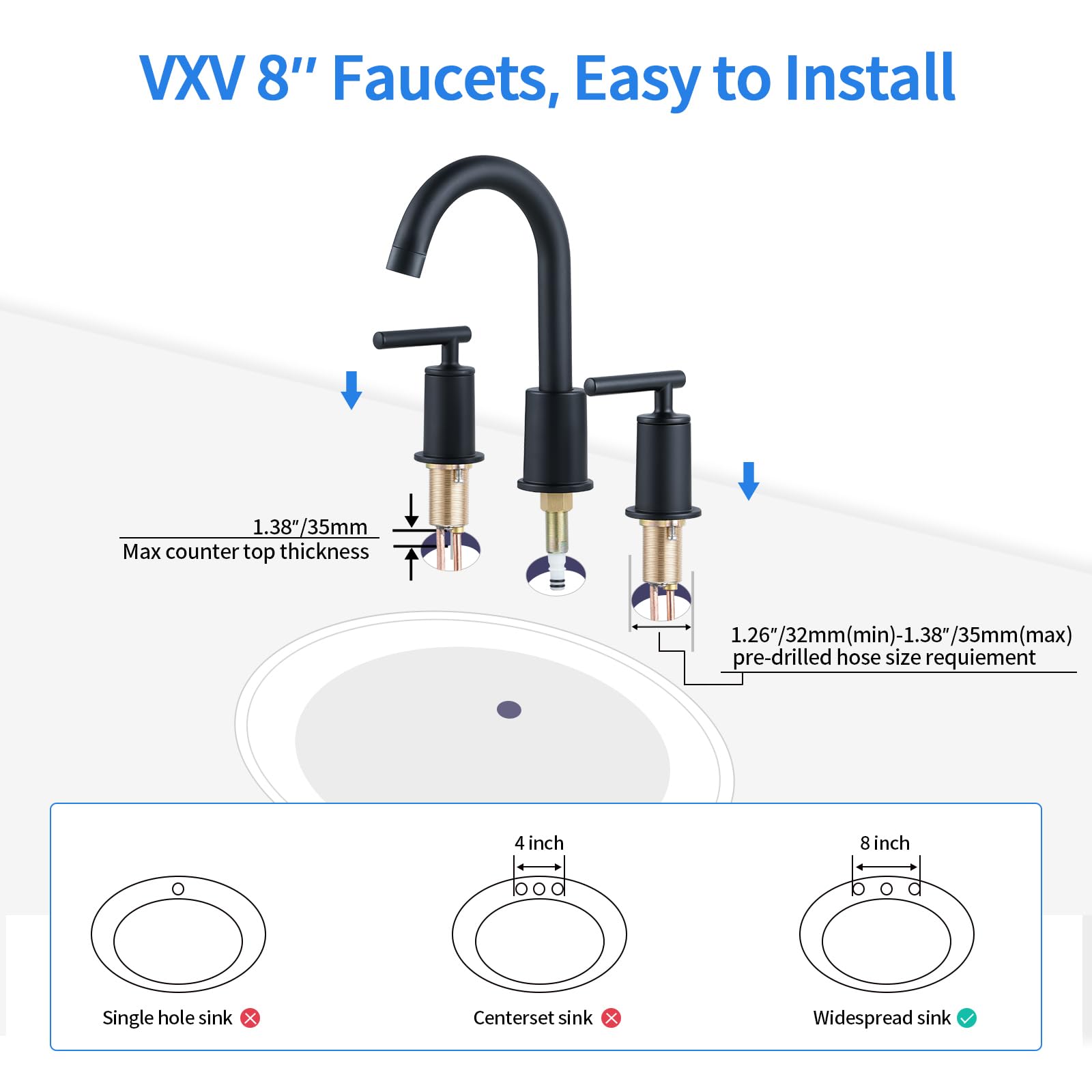 VXV Bathroom Faucets Matte Black, 2 Handle Widespread Bathroom Sink Faucet, Bathroom Faucet for Sink 3 Hole, 8 Inch Bathroom Faucet Black with Pop Up Drain and Faucet Water Lines