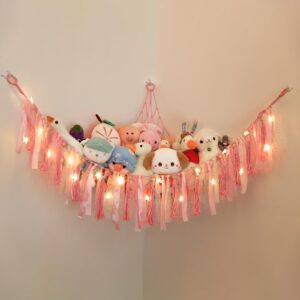 lewondr stuffed animal hammock, dense stuffed animal net or hammock with transitional fringes, diy ribbons great decor stuffed animal storage, 138'' star light string, 39'' x 39'' x 59, pink