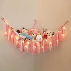 Lewondr Stuffed Animal Hammock, Dense Stuffed Animal Net or Hammock with Transitional Fringes, DIY Ribbons Great Decor Stuffed Animal Storage, 138'' Star Light String, 39'' x 39'' x 59, Pink