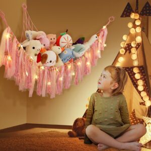 Lewondr Stuffed Animal Hammock, Dense Stuffed Animal Net or Hammock with Transitional Fringes, DIY Ribbons Great Decor Stuffed Animal Storage, 138'' Star Light String, 39'' x 39'' x 59, Pink