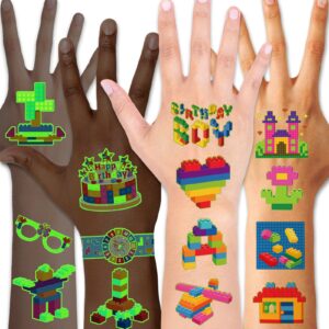 qpout 95 pcs glow in the dark building block temporary tattoos for kids 8 sheets building bricks luminous tattoos stickers for boys girls building block birthday party favors supplies