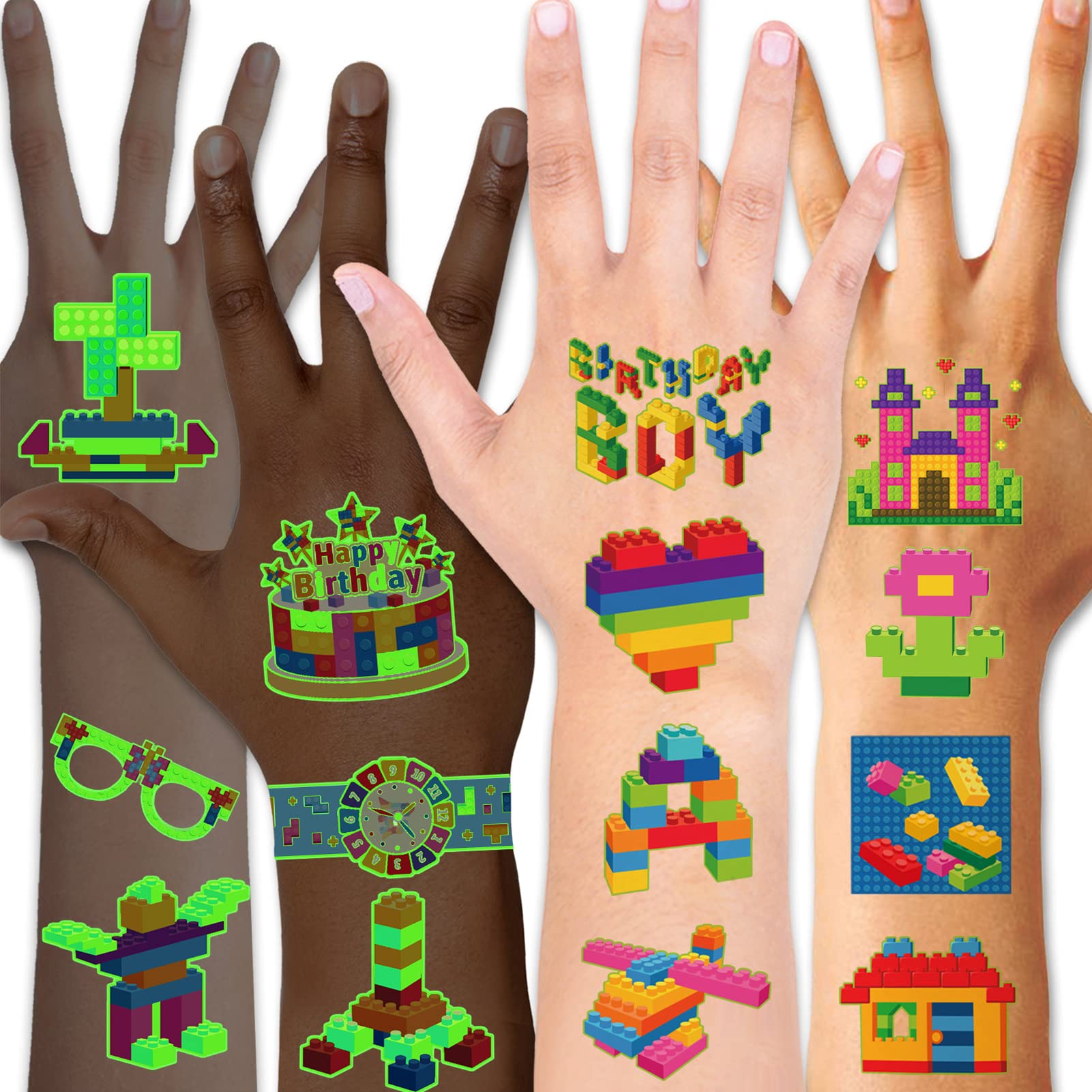 Qpout 95 PCS Glow In The Dark Building Block Temporary Tattoos for Kids 8 Sheets Building Bricks Luminous Tattoos Stickers for Boys Girls Building Block Birthday Party Favors Supplies