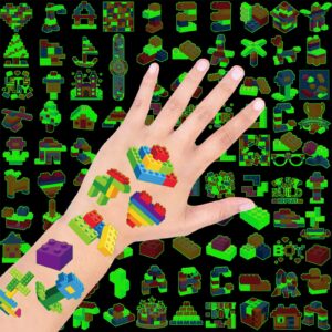 Qpout 95 PCS Glow In The Dark Building Block Temporary Tattoos for Kids 8 Sheets Building Bricks Luminous Tattoos Stickers for Boys Girls Building Block Birthday Party Favors Supplies