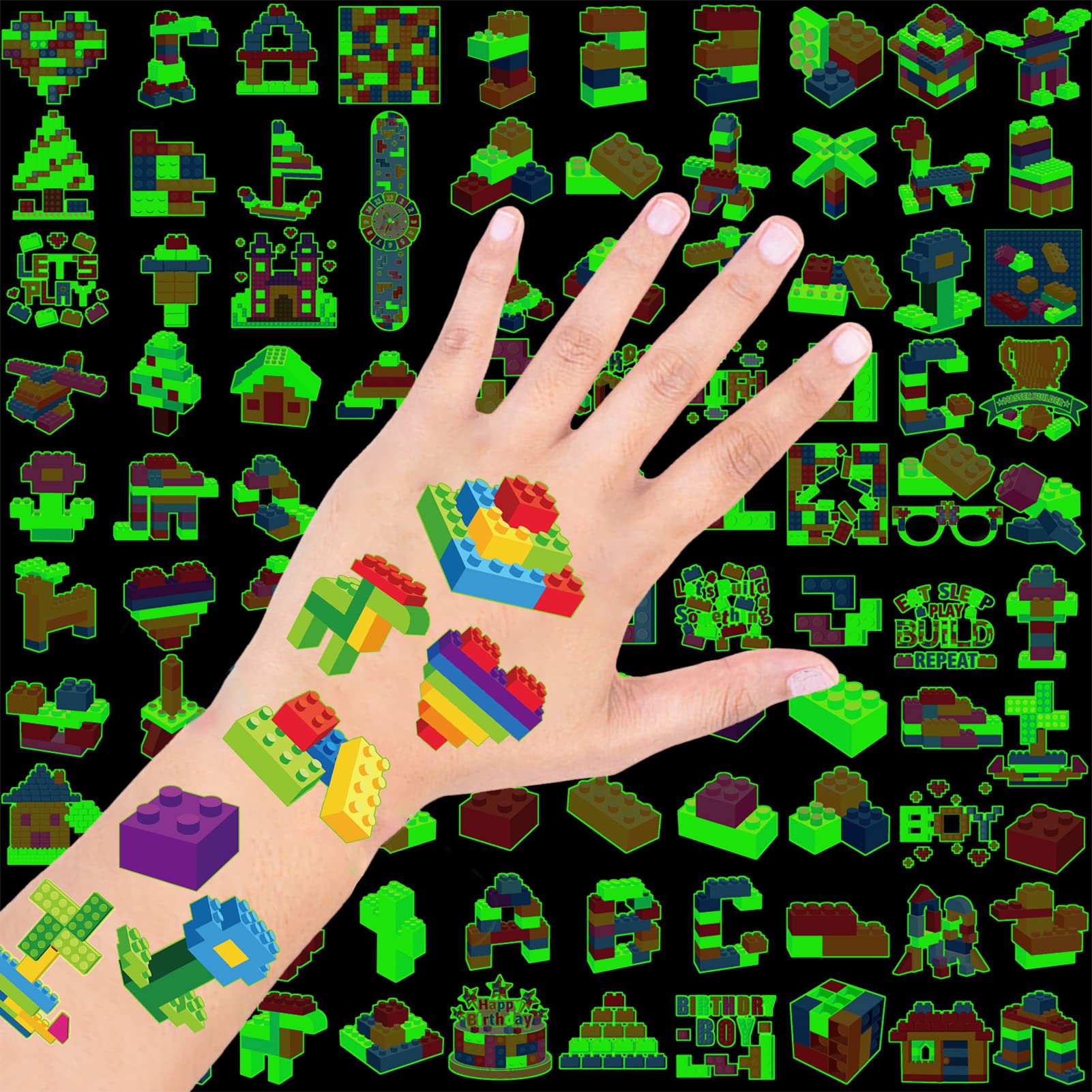 Qpout 95 PCS Glow In The Dark Building Block Temporary Tattoos for Kids 8 Sheets Building Bricks Luminous Tattoos Stickers for Boys Girls Building Block Birthday Party Favors Supplies