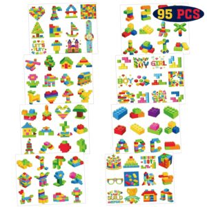 Qpout 95 PCS Glow In The Dark Building Block Temporary Tattoos for Kids 8 Sheets Building Bricks Luminous Tattoos Stickers for Boys Girls Building Block Birthday Party Favors Supplies