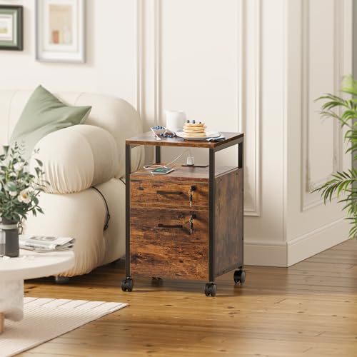 SUPERJARE File Cabinet with Lock & Charging Station, 2 Drawers Rolling Filing Cabinet, Office File Cabinet with Wheels & Open Shelf, for Home Office, A4/Letter Size Files - Rustic Brown