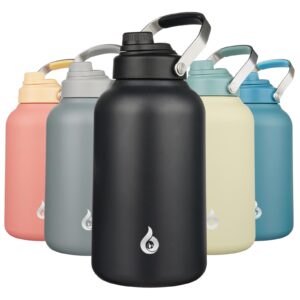 bjpkpk 1 gallon water bottle insulated, dishwasher safe 128oz large water jug with metal handle & bpa free spout lid, stainless steel metal water bottle for gym, sports & hiking, black