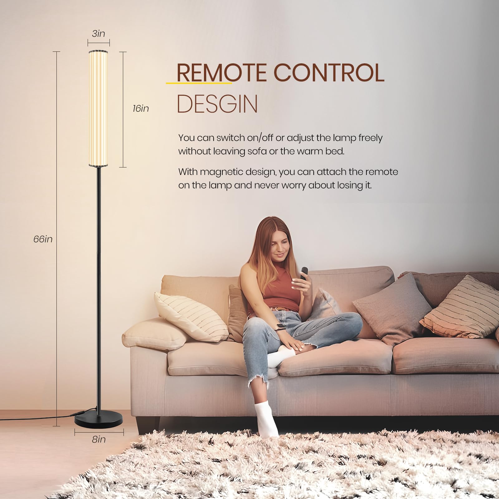 VOUTOORO LED Standing Floor Lamp with Remote Control for Living Room Bedroon Office, Modern Reading Tall Dimmable Lamp 2800~7000K Color Temperature & 0~100% Stepless Adjust, Timer Set, Night Mode