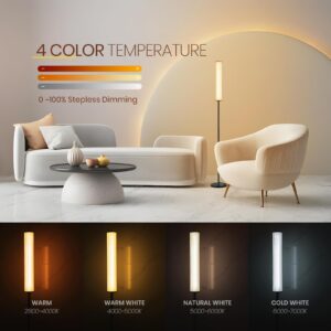 VOUTOORO LED Standing Floor Lamp with Remote Control for Living Room Bedroon Office, Modern Reading Tall Dimmable Lamp 2800~7000K Color Temperature & 0~100% Stepless Adjust, Timer Set, Night Mode