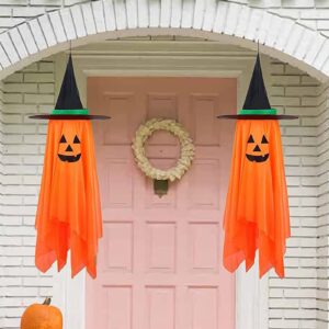 halloween decorations for home, 2 pack pre-installed orange pumpkins wizard hat outdoor fall decor, hanging pumpkin witch hats halloween ornaments for home garden yard party