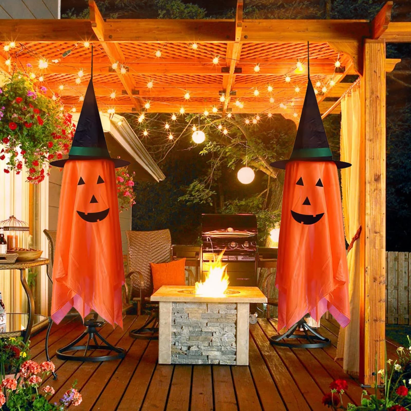 Halloween Decorations for Home, 2 Pack Pre-Installed Orange Pumpkins Wizard Hat Outdoor Fall Decor, Hanging Pumpkin Witch Hats Halloween Ornaments for Home Garden Yard Party