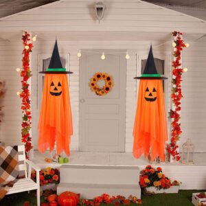 Halloween Decorations for Home, 2 Pack Pre-Installed Orange Pumpkins Wizard Hat Outdoor Fall Decor, Hanging Pumpkin Witch Hats Halloween Ornaments for Home Garden Yard Party
